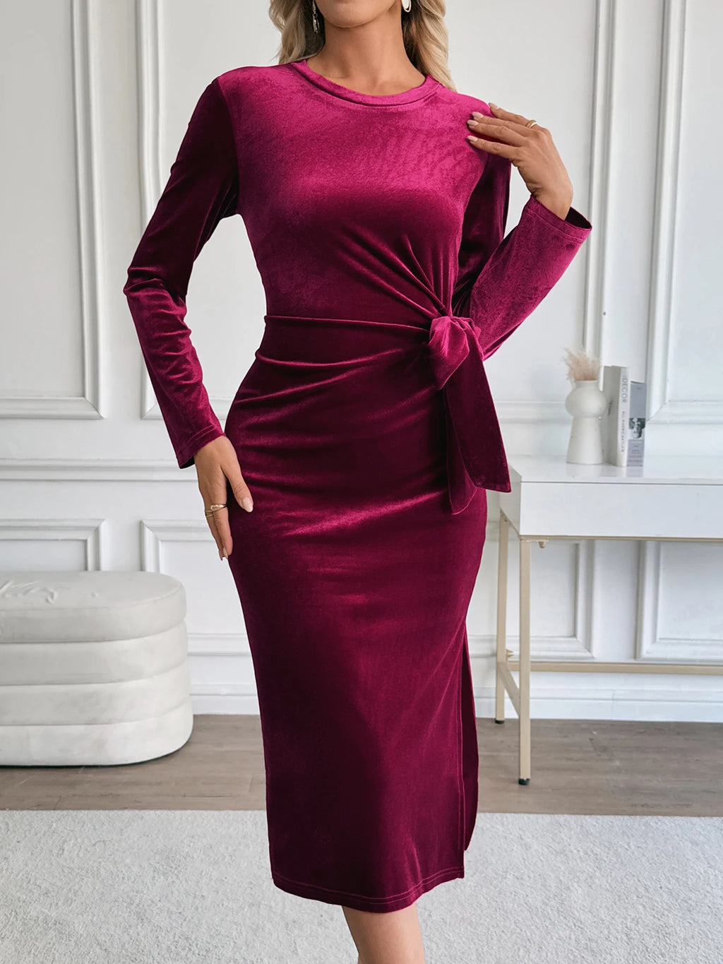 Elegant Wine Red Velvet Dress for Women Cross-Border Trade Banquet Party European And American Style Fashionable Evening Gown