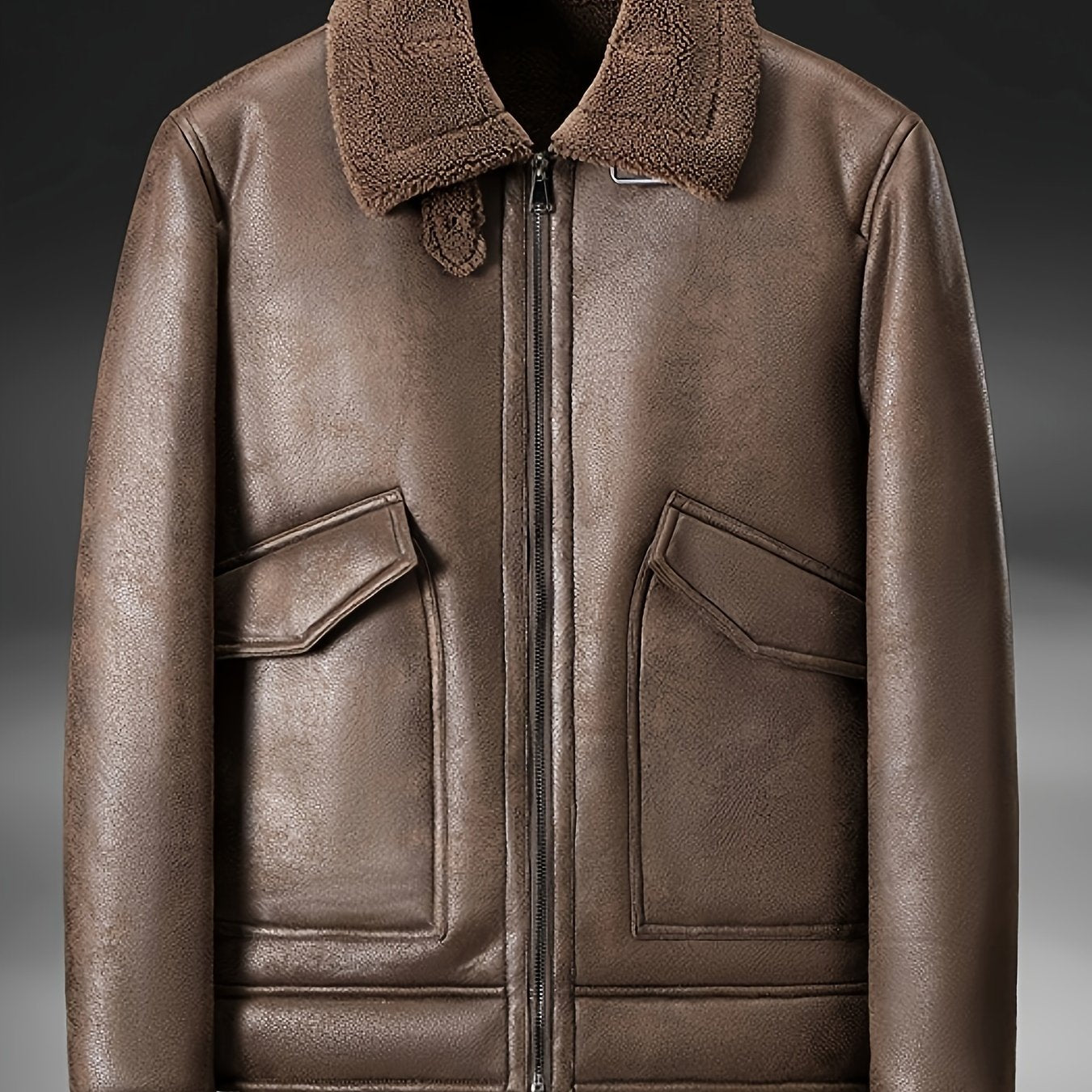Men's Fleece-Lined Faux Leather Jacket - Casual, Zip-Up with Lapel Collar & Pockets for Winter Warmth