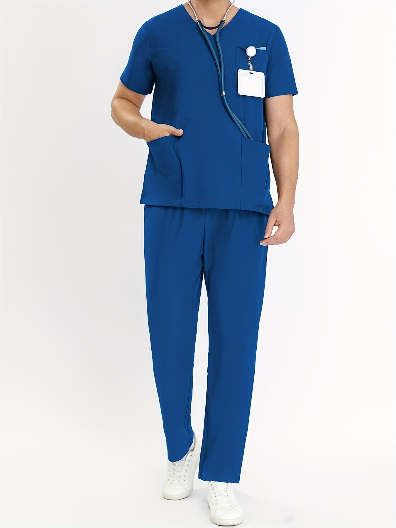 Men's 2-piece Solid Color Work Wear Set Of Tops And Pants, Short Sleeve V Neck T-shirt With Side Pocket, And Regular Fit Ankle Long Pants, Professional Work Suit For Men