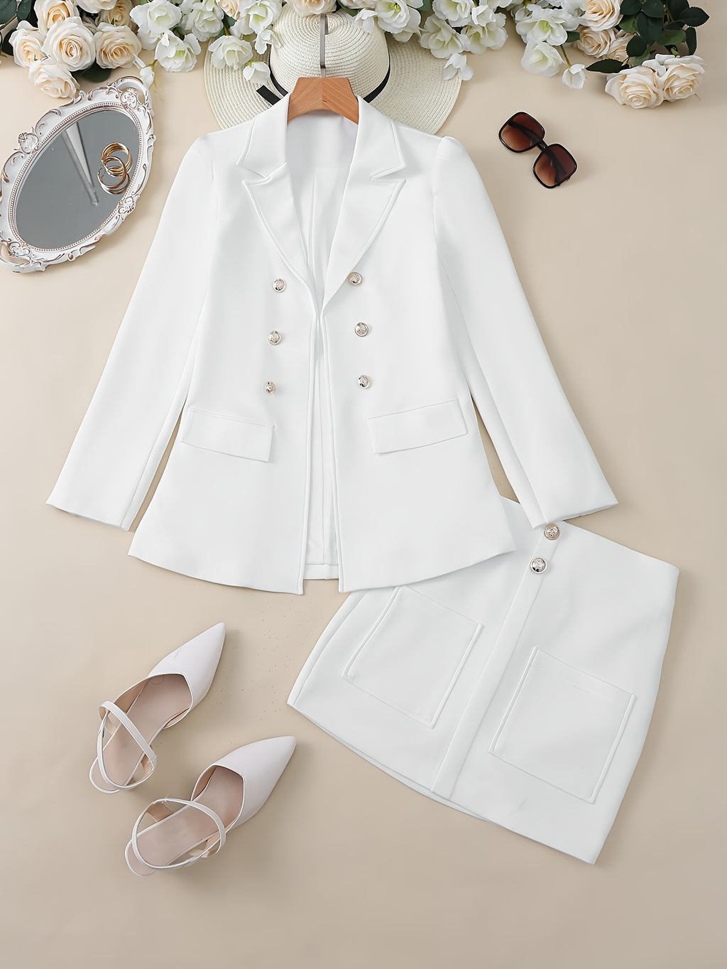 Elegant White Double-Breasted Blazer with Floral Print - Stylish Short Sleeve Suit for Women, Professional Attire with Button Details, Polyester Blend, All-Season Wear, Office Attire|Floral Print Blazer|Structured Shoulders,