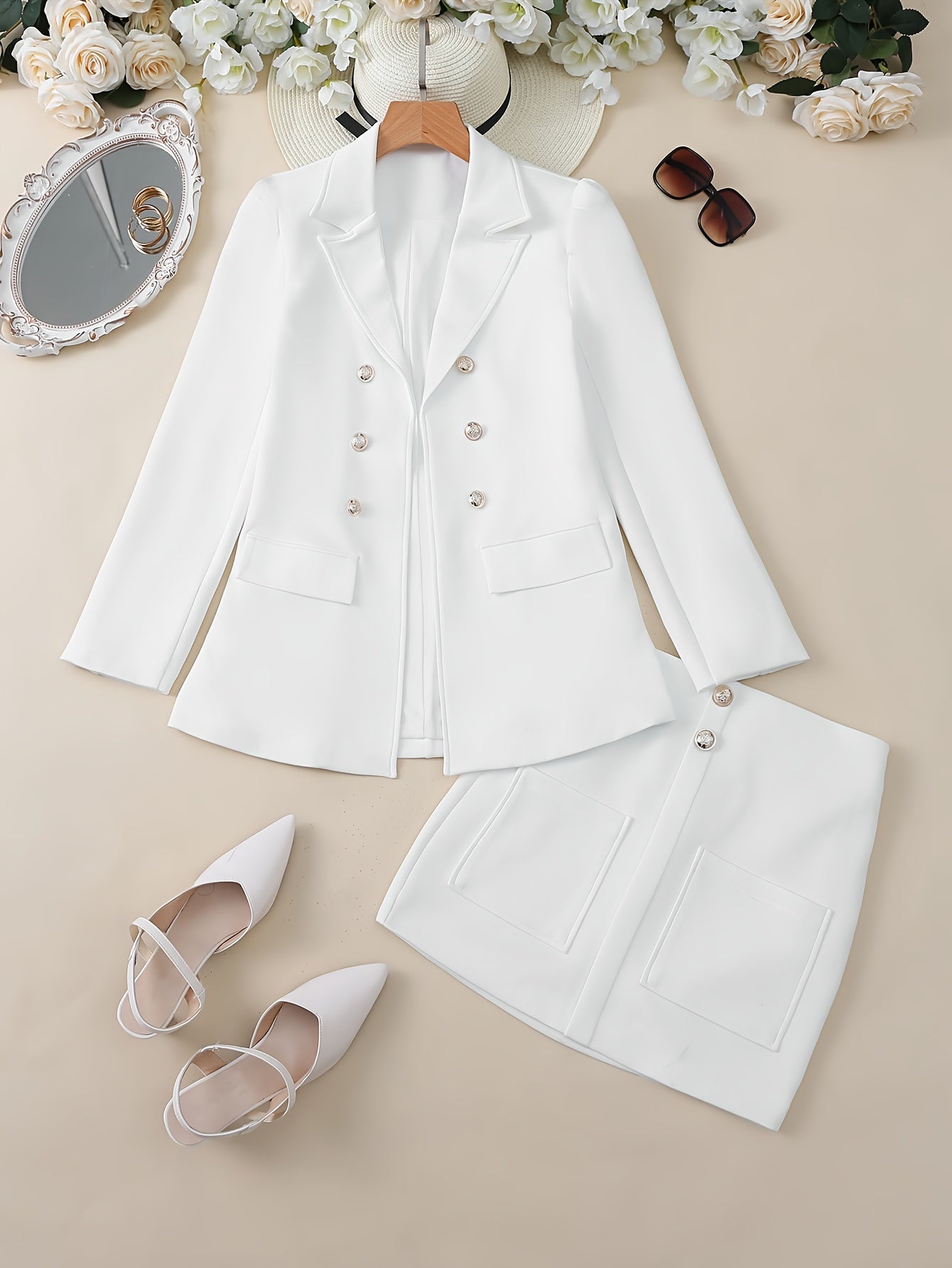 Elegant White Double-Breasted Blazer with Floral Print - Stylish Short Sleeve Suit for Women, Professional Attire with Button Details, Polyester Blend, All-Season Wear, Office Attire|Floral Print Blazer|Structured Shoulders,