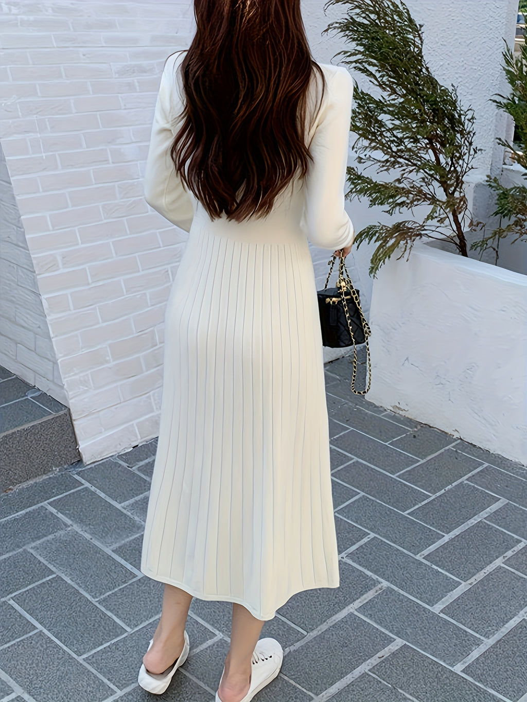 Button Front V-neck Sweater Dress, Solid Long Sleeve Dress, Women's Clothing