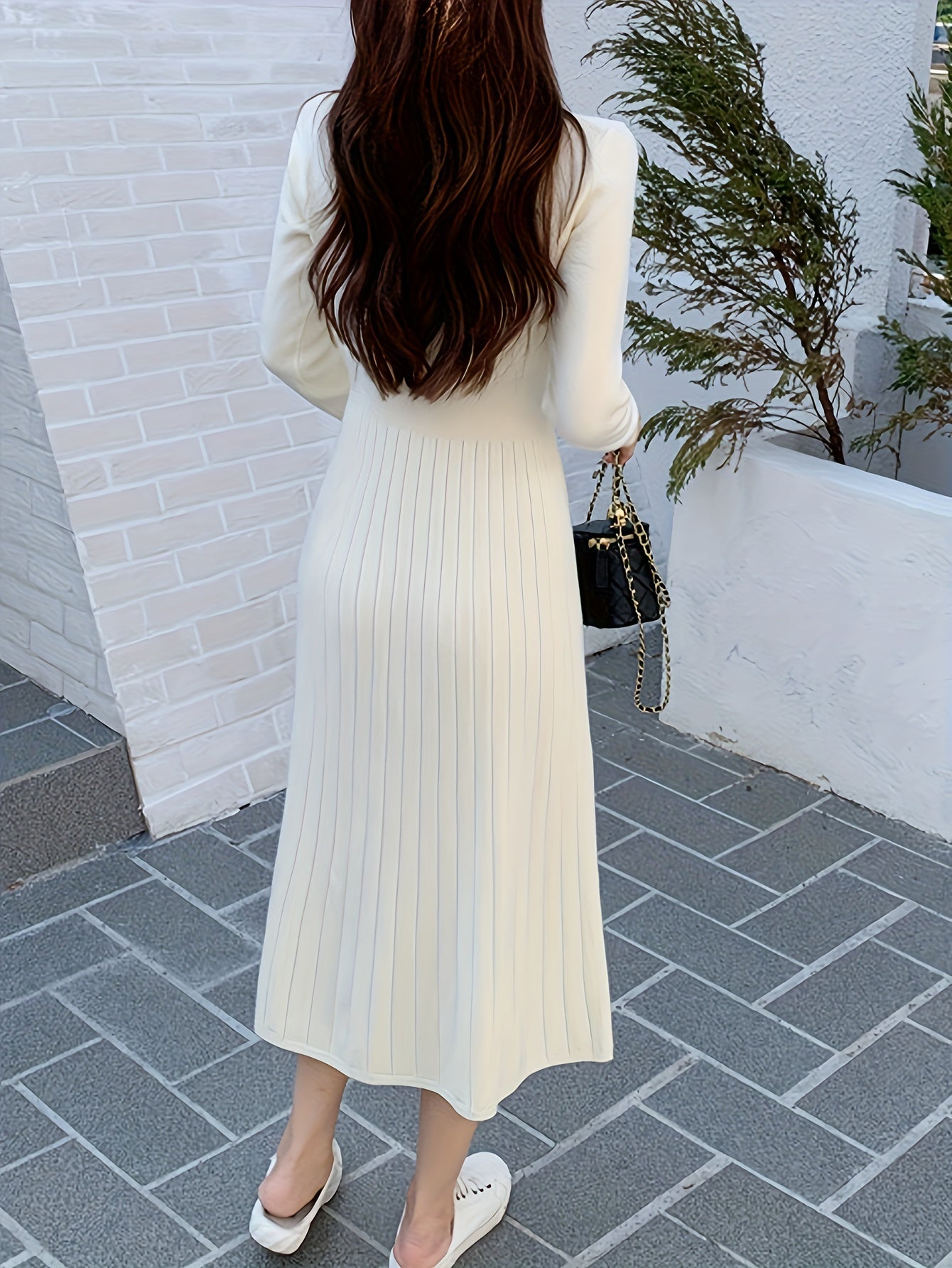 Button Front V-neck Sweater Dress, Solid Long Sleeve Dress, Women's Clothing