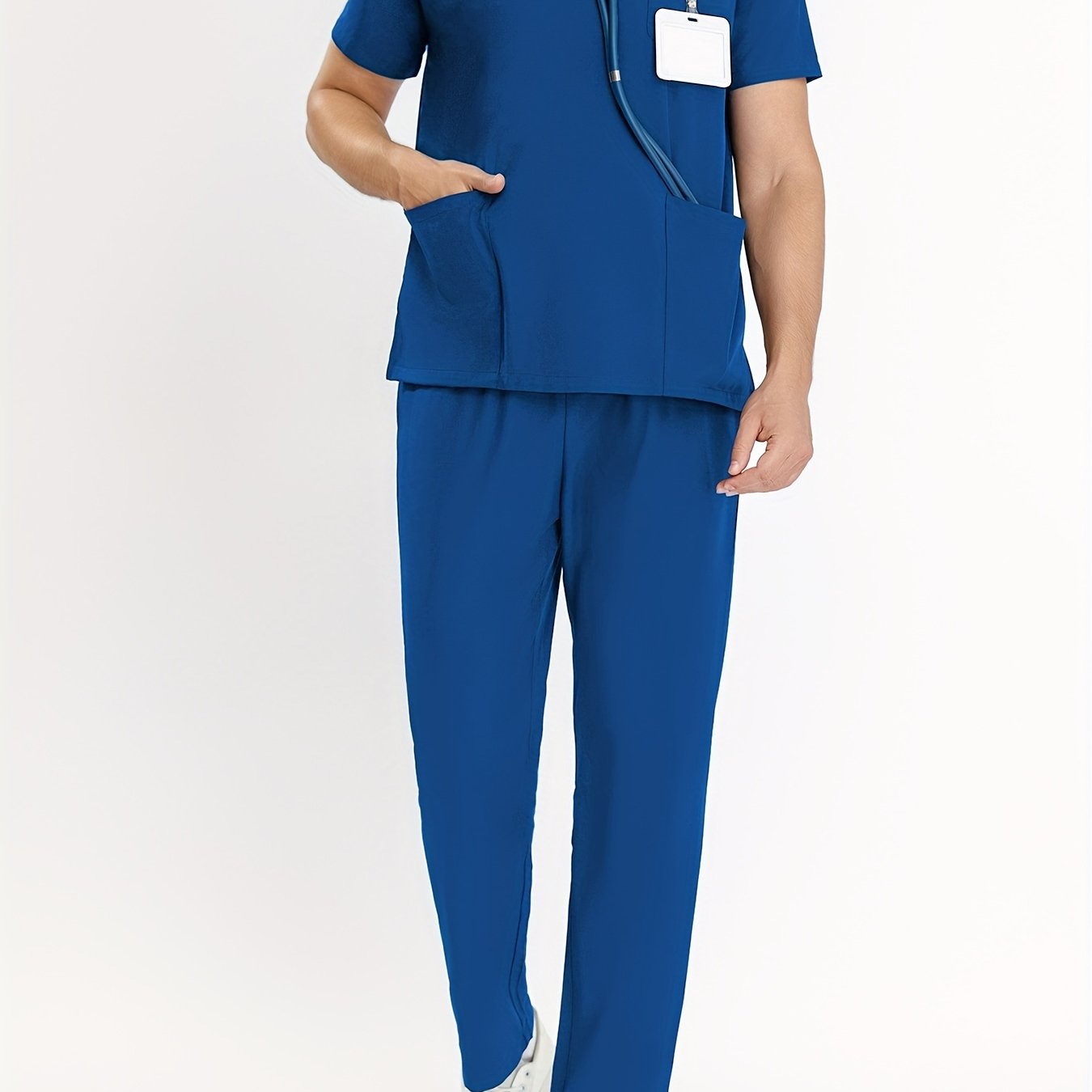 Men's 2-piece Solid Color Work Wear Set Of Tops And Pants, Short Sleeve V Neck T-shirt With Side Pocket, And Regular Fit Ankle Long Pants, Professional Work Suit For Men