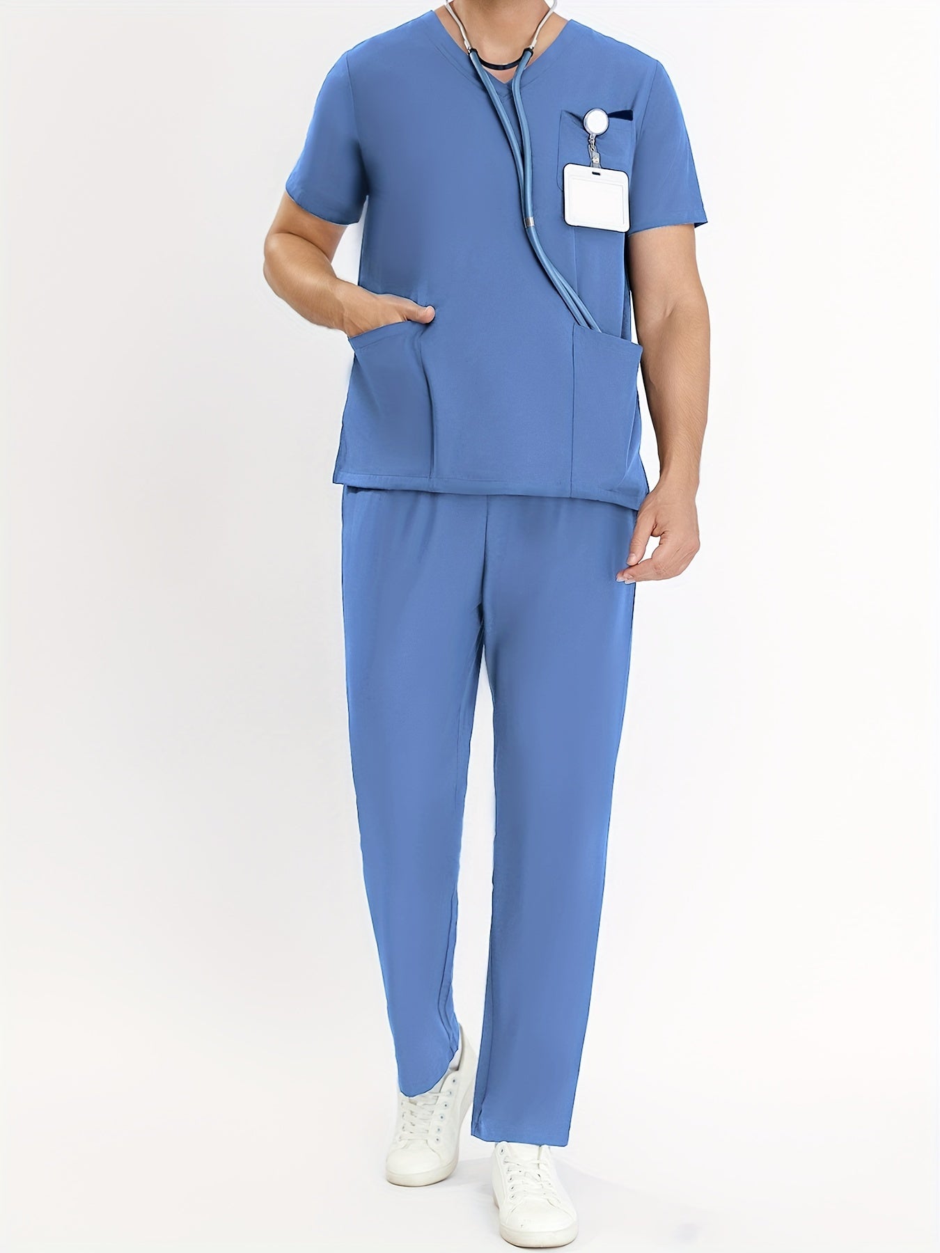 Men's 2-piece Solid Color Work Wear Set Of Tops And Pants, Short Sleeve V Neck T-shirt With Side Pocket, And Regular Fit Ankle Long Pants, Professional Work Suit For Men