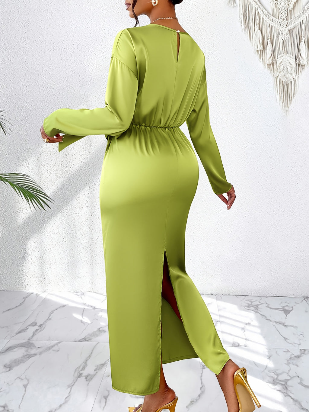 Elegant Women's Long Sleeve Tunic Dress, Polyester Blend, Crew Neck, Solid Color, with Side Lace Detail, for Fall Season, Stylish Office Attire | Elegant Long Dress | Knotted Waist Detail