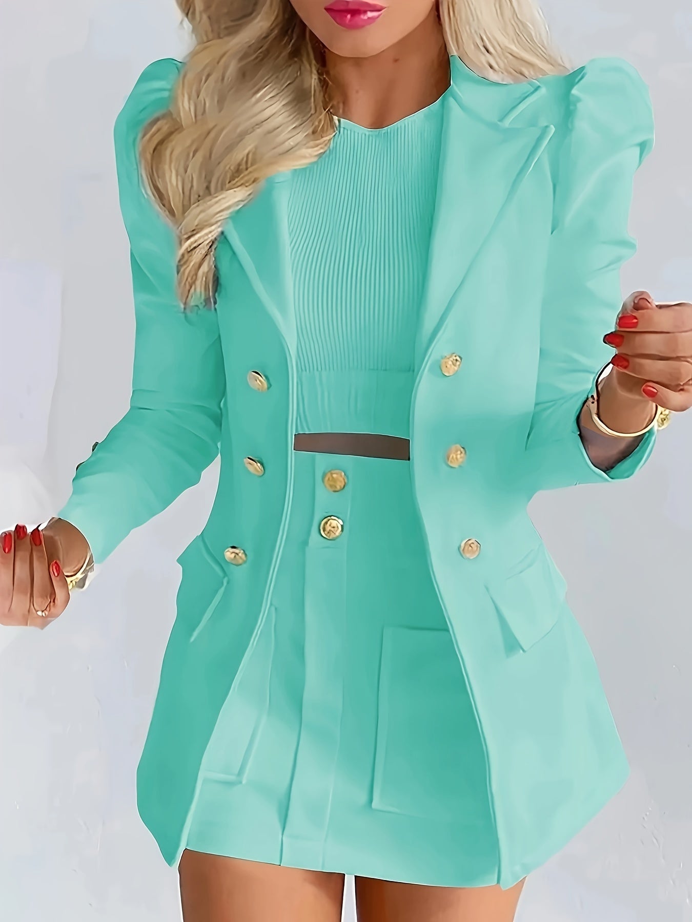 Elegant White Double-Breasted Blazer with Floral Print - Stylish Short Sleeve Suit for Women, Professional Attire with Button Details, Polyester Blend, All-Season Wear, Office Attire|Floral Print Blazer|Structured Shoulders,