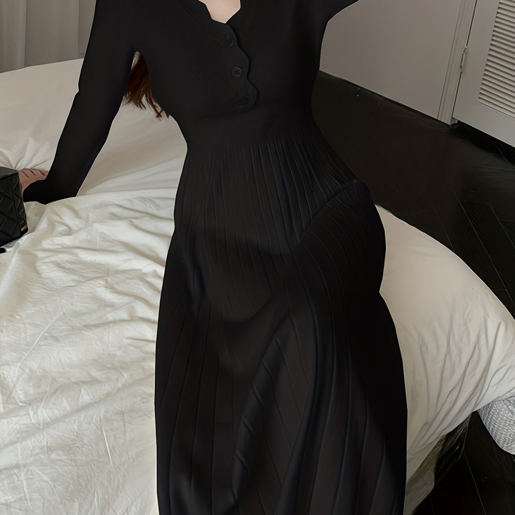 Button Front V-neck Sweater Dress, Solid Long Sleeve Dress, Women's Clothing