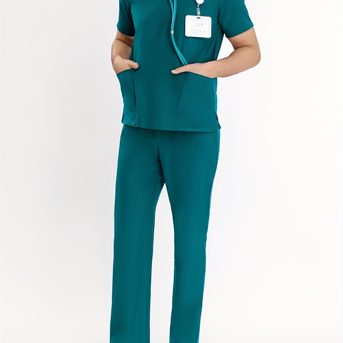 Men's 2-piece Solid Color Work Wear Set Of Tops And Pants, Short Sleeve V Neck T-shirt With Side Pocket, And Regular Fit Ankle Long Pants, Professional Work Suit For Men