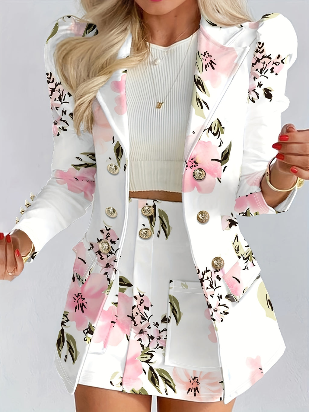 Elegant White Double-Breasted Blazer with Floral Print - Stylish Short Sleeve Suit for Women, Professional Attire with Button Details, Polyester Blend, All-Season Wear, Office Attire|Floral Print Blazer|Structured Shoulders,