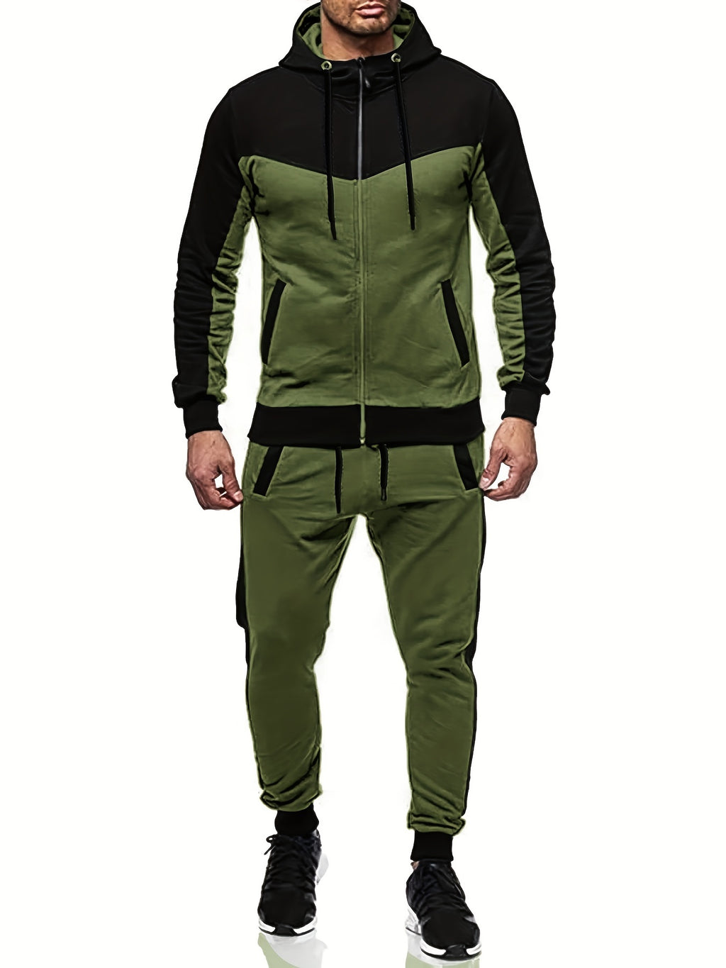 Two-Piece Color Block Men's Casual Sportswear Hoodie Set, Zip-Up Drawstring Jogging Suit For All Seasons