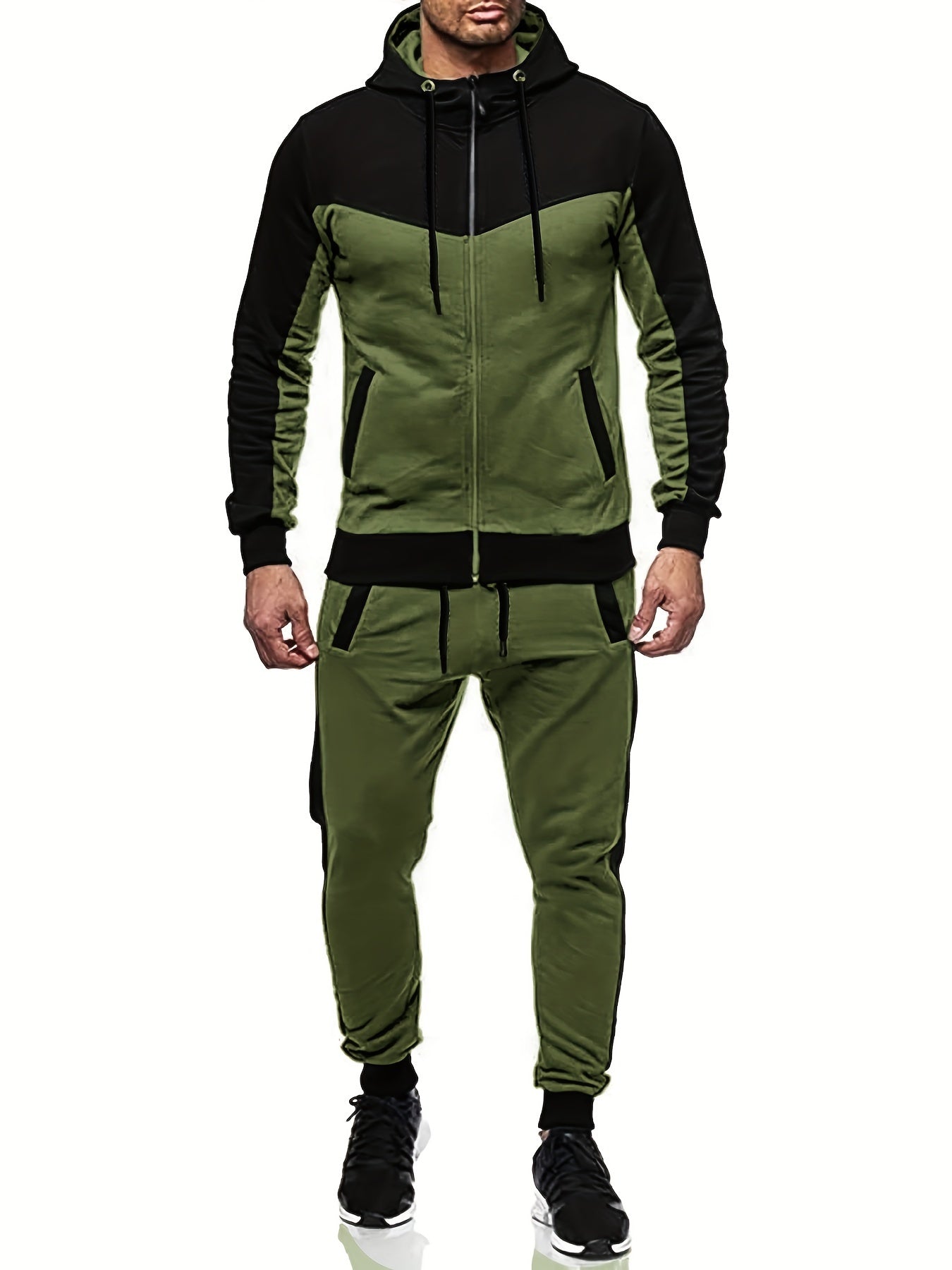 Two-Piece Color Block Men's Casual Sportswear Hoodie Set, Zip-Up Drawstring Jogging Suit For All Seasons
