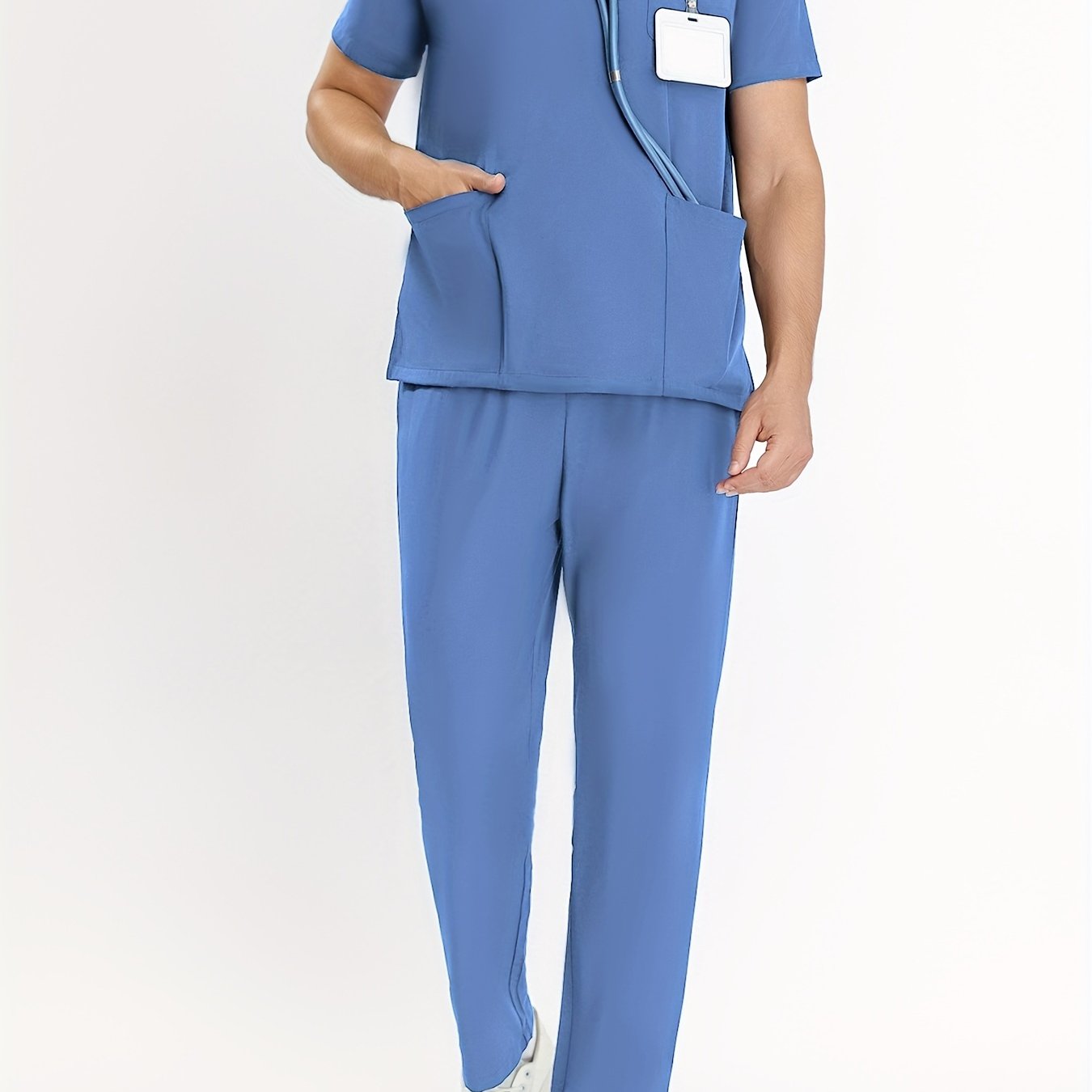 Men's 2-piece Solid Color Work Wear Set Of Tops And Pants, Short Sleeve V Neck T-shirt With Side Pocket, And Regular Fit Ankle Long Pants, Professional Work Suit For Men