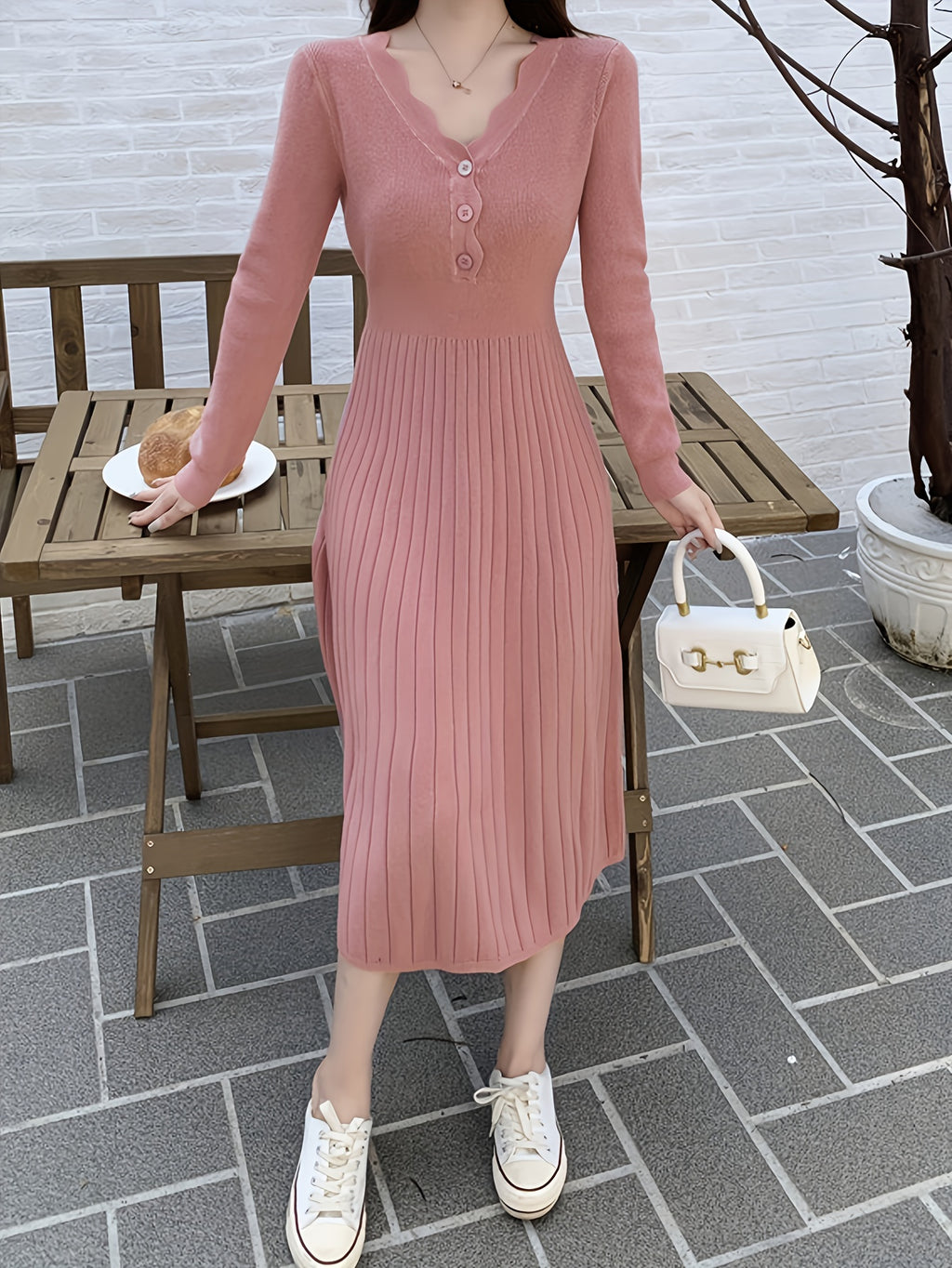 Button Front V-neck Sweater Dress, Solid Long Sleeve Dress, Women's Clothing