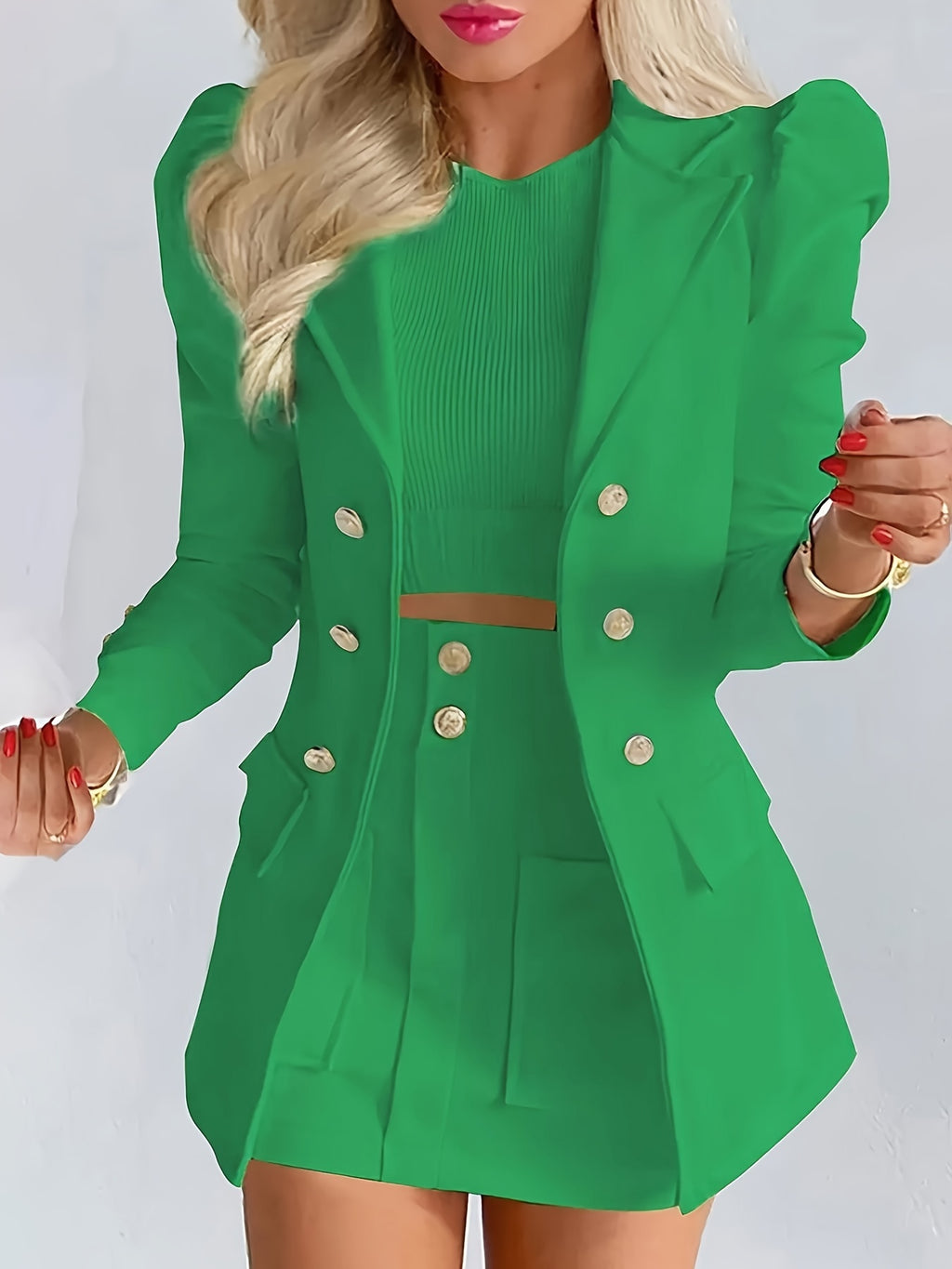 Elegant White Double-Breasted Blazer with Floral Print - Stylish Short Sleeve Suit for Women, Professional Attire with Button Details, Polyester Blend, All-Season Wear, Office Attire|Floral Print Blazer|Structured Shoulders,