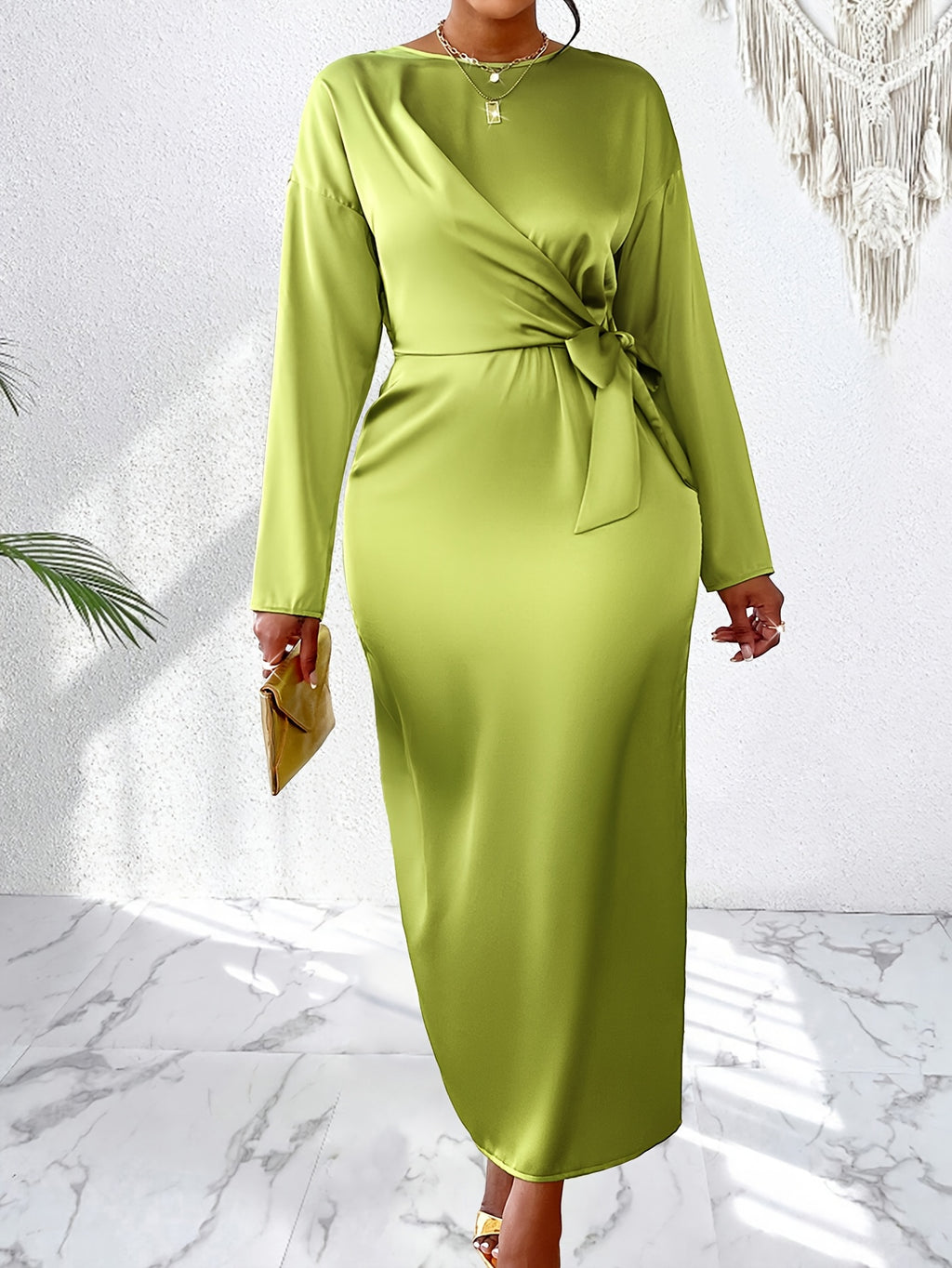 Elegant Women's Long Sleeve Tunic Dress, Polyester Blend, Crew Neck, Solid Color, with Side Lace Detail, for Fall Season, Stylish Office Attire | Elegant Long Dress | Knotted Waist Detail