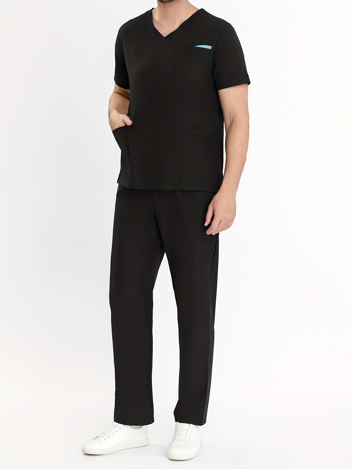 Men's 2-piece Solid Color Work Wear Set Of Tops And Pants, Short Sleeve V Neck T-shirt With Side Pocket, And Regular Fit Ankle Long Pants, Professional Work Suit For Men