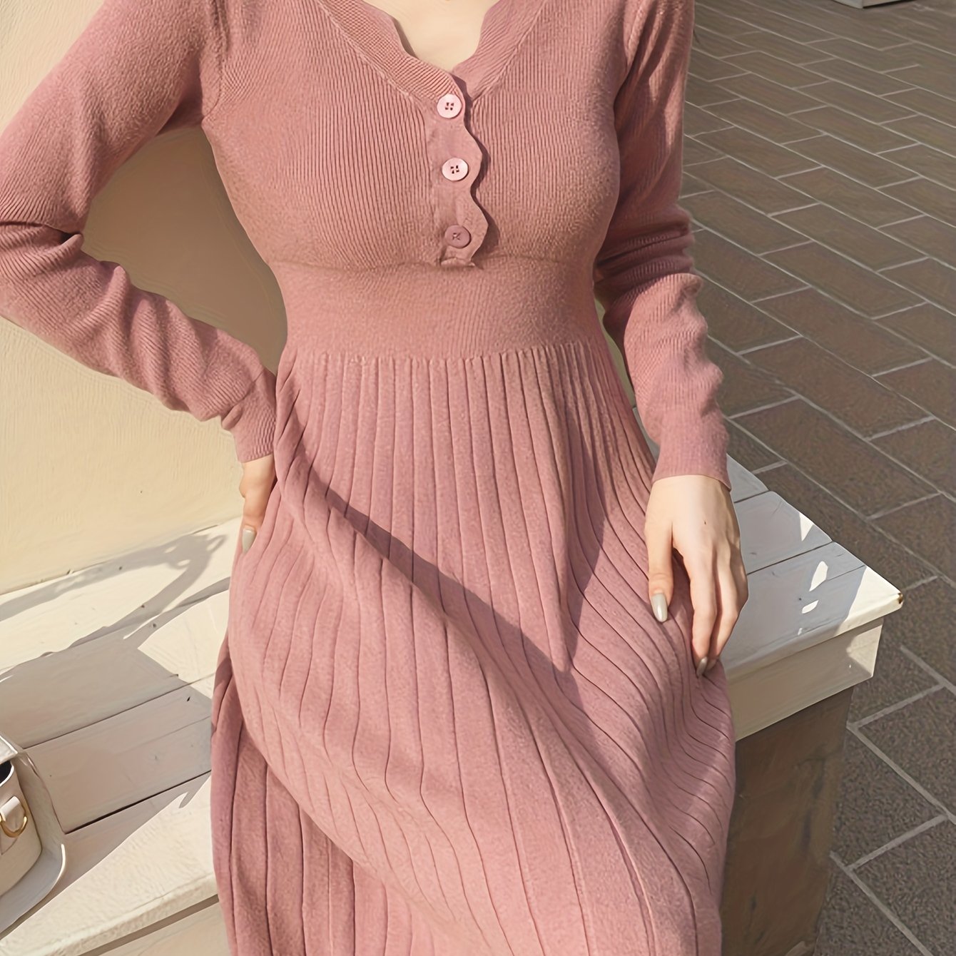 Button Front V-neck Sweater Dress, Solid Long Sleeve Dress, Women's Clothing