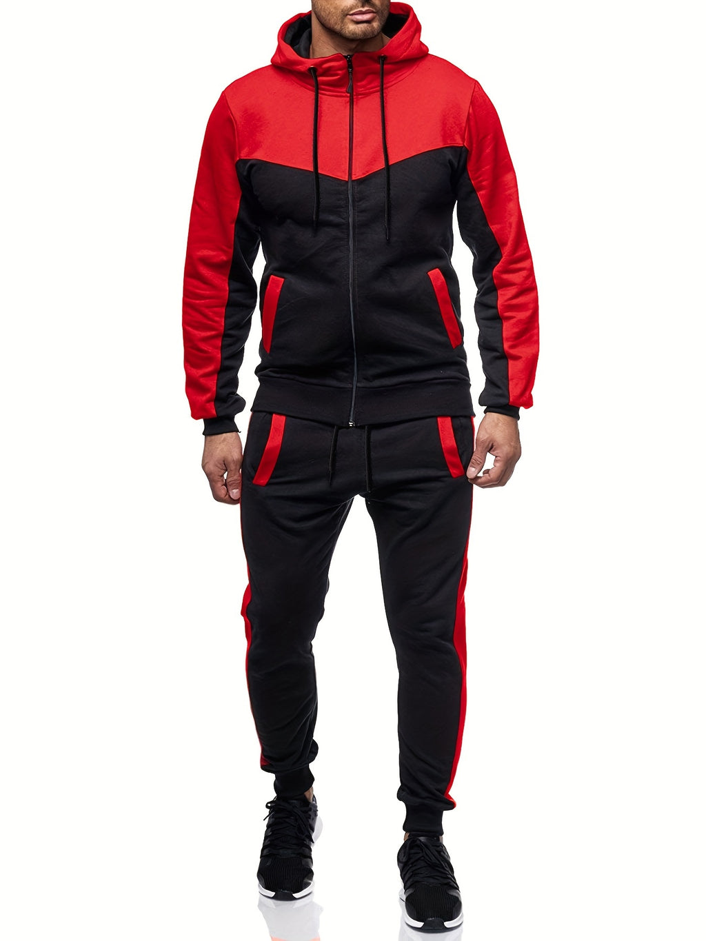 Two-Piece Color Block Men's Casual Sportswear Hoodie Set, Zip-Up Drawstring Jogging Suit For All Seasons