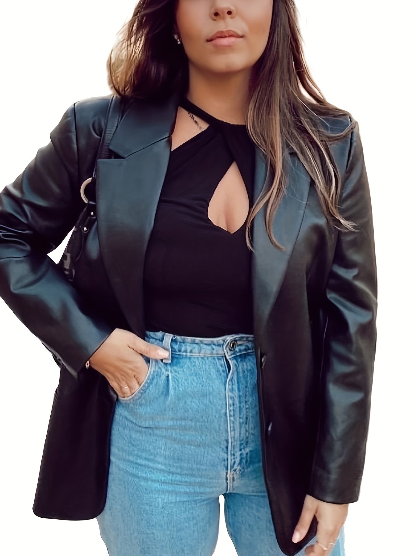 Chic Plus Size Solid Color Leather Jacket with Button Front - Stylish Lapel Neck, Long Sleeve Design for Spring & Fall Fashionistas - Comfortable PU Leather, Perfect for Casual Wear